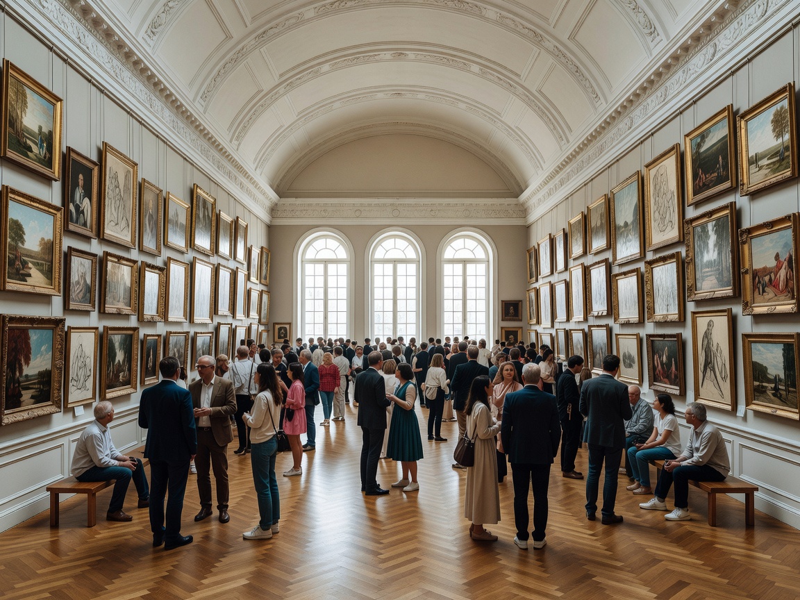 European museum gallery with framed artworks and visitors