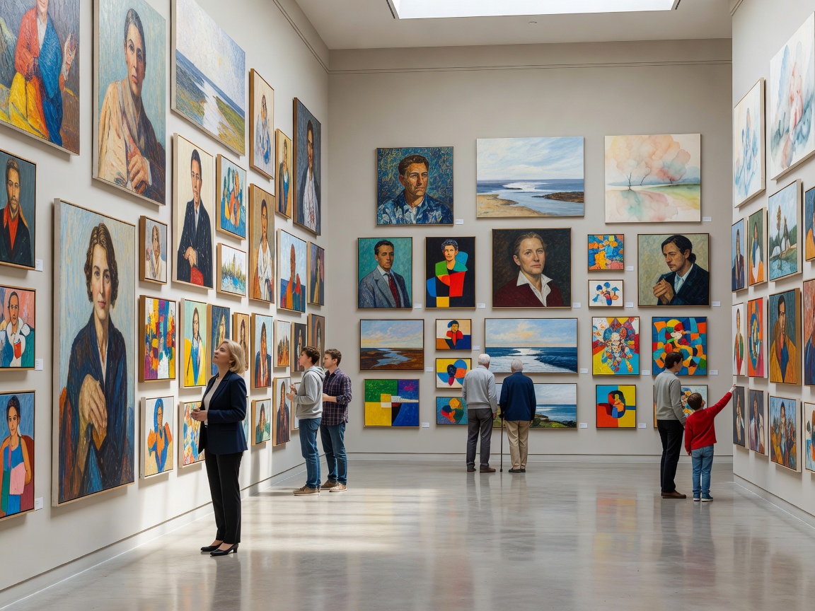 Gallery interior with paintings and visitors