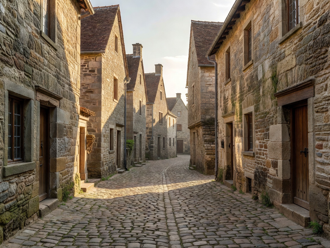 Historic European stone buildings beside a sunlit street