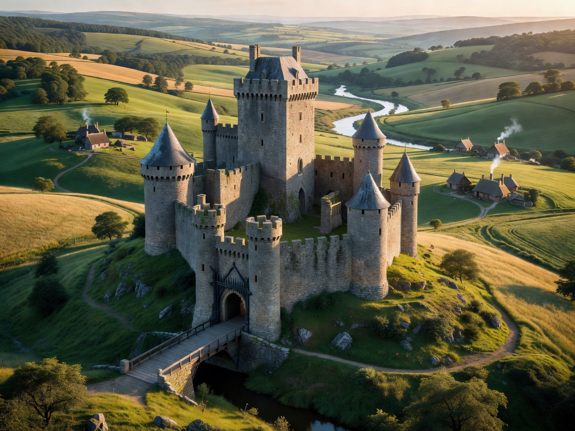 Medieval European castle with towers and surrounding countryside