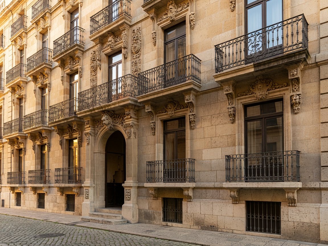 Ornate historic European street facade with balconies and stonework