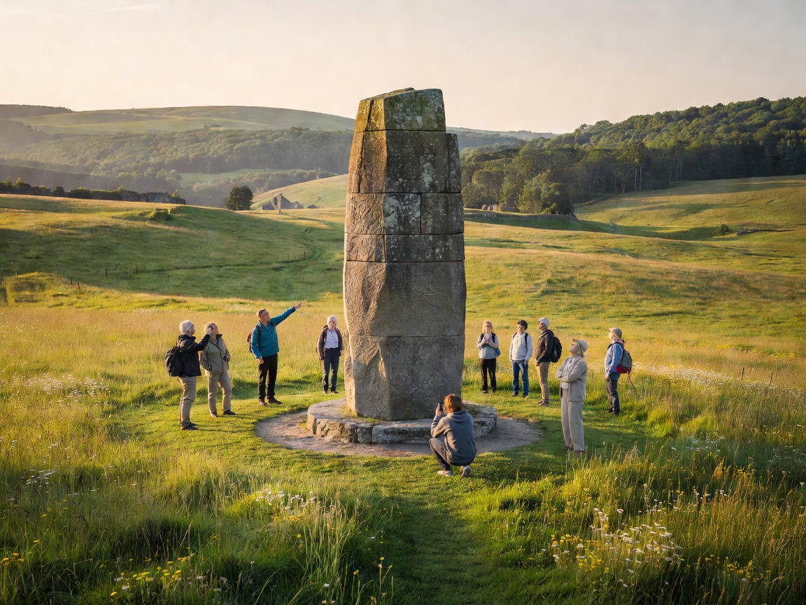 Protected historic landscape with a stone monument and visitors