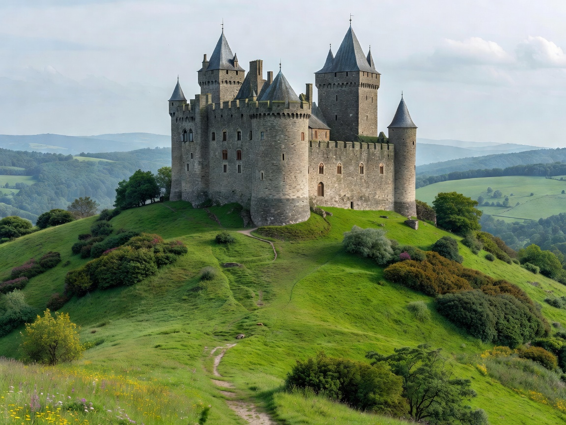Stone castle on a green European hillside